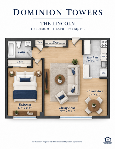 Floor plan for 1 bed, 1 bath, 765 sqft